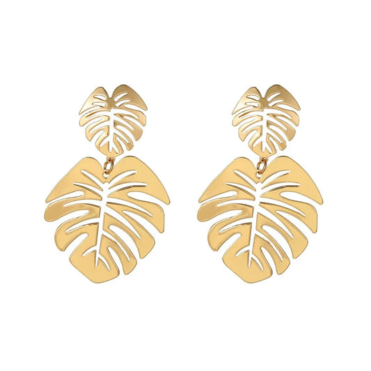 Elara Jewelry™ Gold Monstera Leaf Drop Earrings