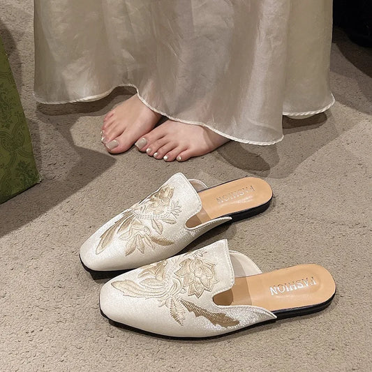 Solenne Shoes™ Embroidered Flower Flat Mules