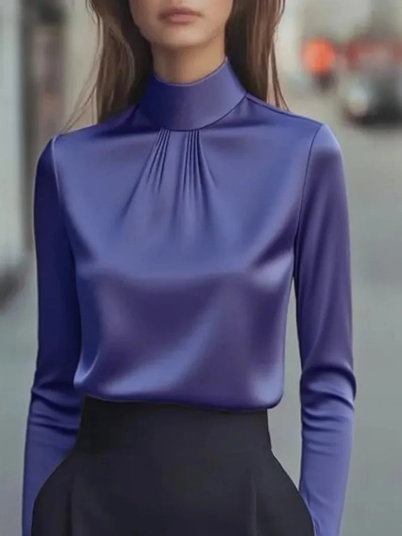 Satin Éclat™ High Neck Pleated Long Sleeve Blouse