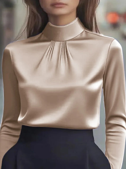 Satin Éclat™ High Neck Pleated Long Sleeve Blouse