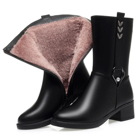 Solenne Shoes™ Mid-Calf Warm Leather Thick-Heel Boots
