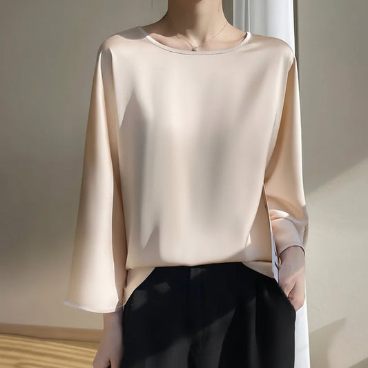 Satin Éclat™ Elegant O-Neck Blouse 3/4 Sleeve