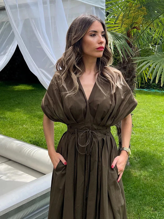 Amoura Dresses™ Single-Breasted Midi Dress Women V-Neck