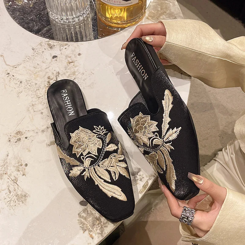 Solenne Shoes™ Embroidered Flower Flat Mules