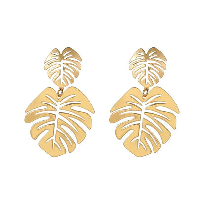 Elara Jewelry™ Gold Monstera Leaf Drop Earrings