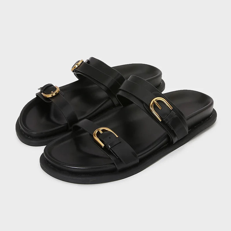 Solenne Shoes™ Sandales plates en cuir à double boucle
