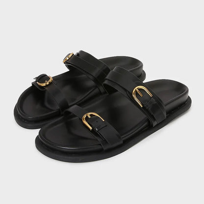 Solenne Shoes™ Sandales plates en cuir à double boucle