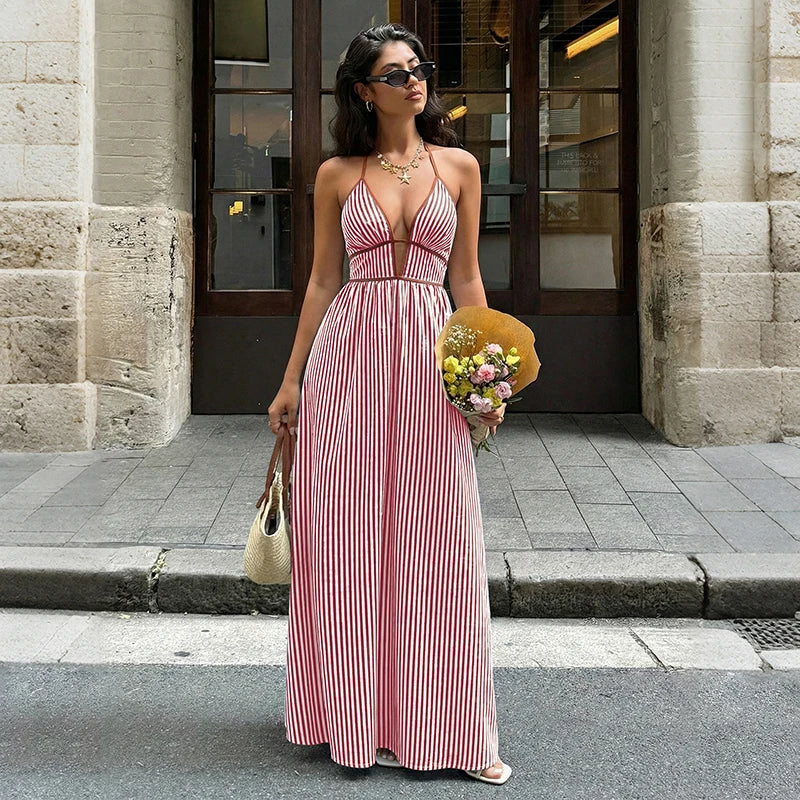 Amoura Dresses™ Deep V-Neck Striped Beach Dress