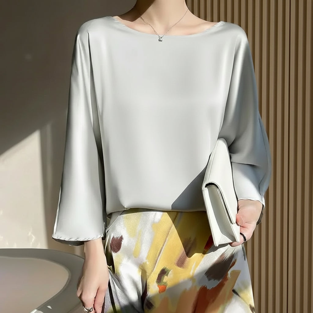 Satin Éclat™ Elegant O-Neck Blouse 3/4 Sleeve