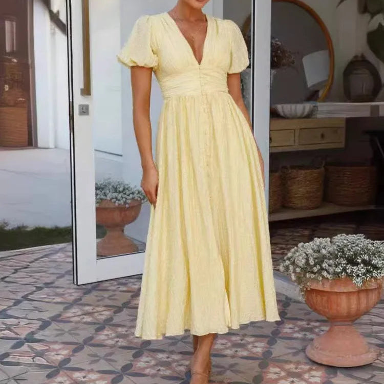 Amoura Dresses™ Solid V Neck Fresh Dress