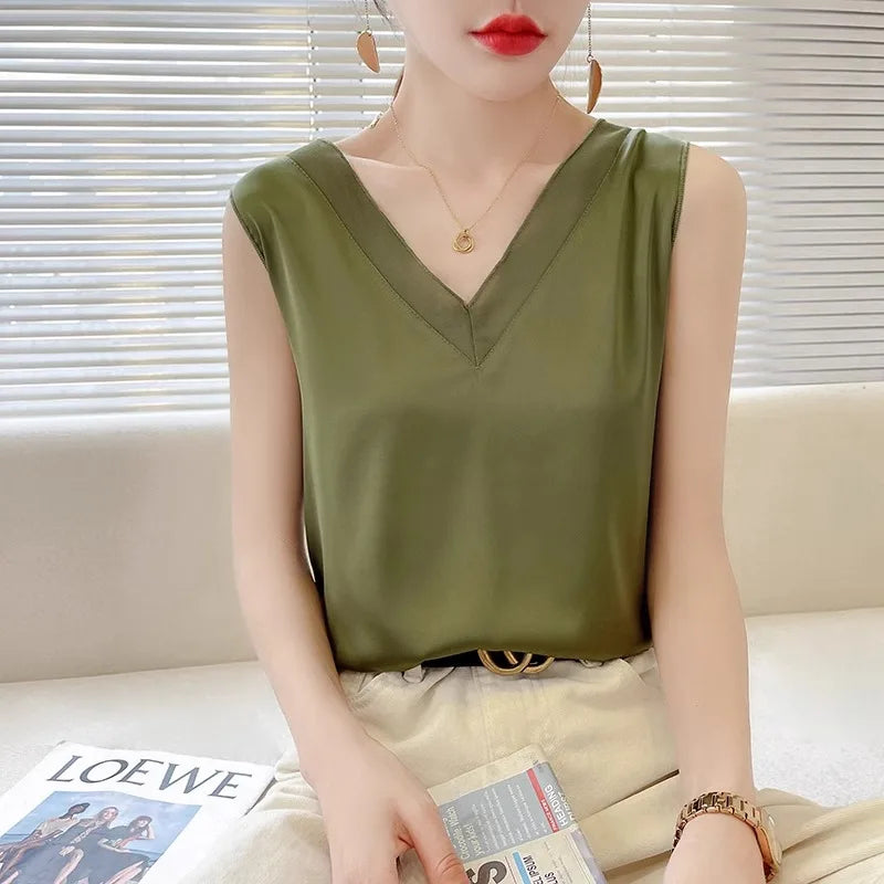 Satin Éclat™ Silk Halter V-Neck Blouse