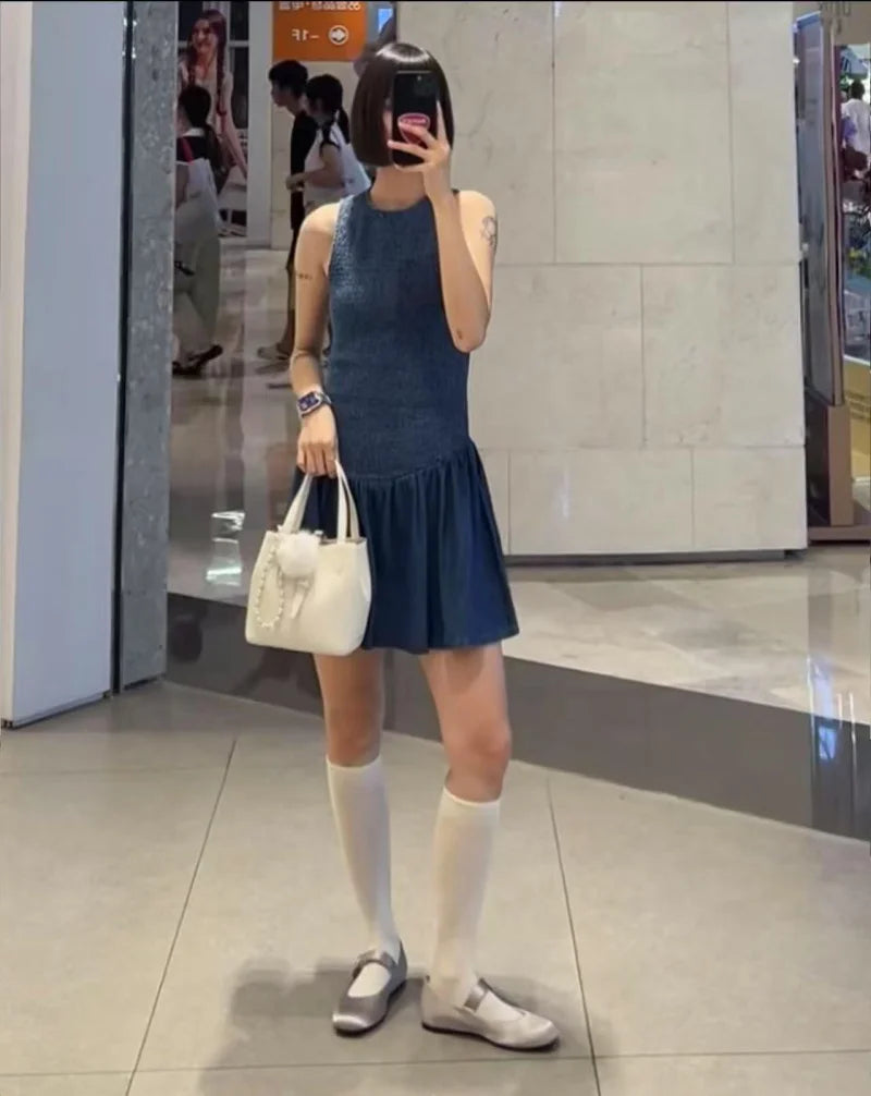 Amoura Dresses™ Denim Style Round Neck Short Dress