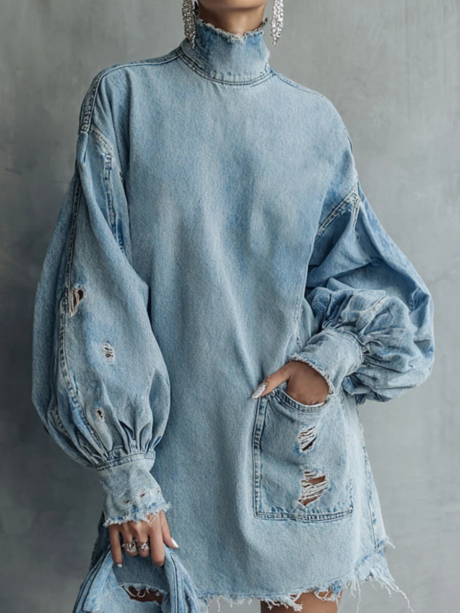 Amoura Dresses™ Retro Denim High Neck Mini Dress