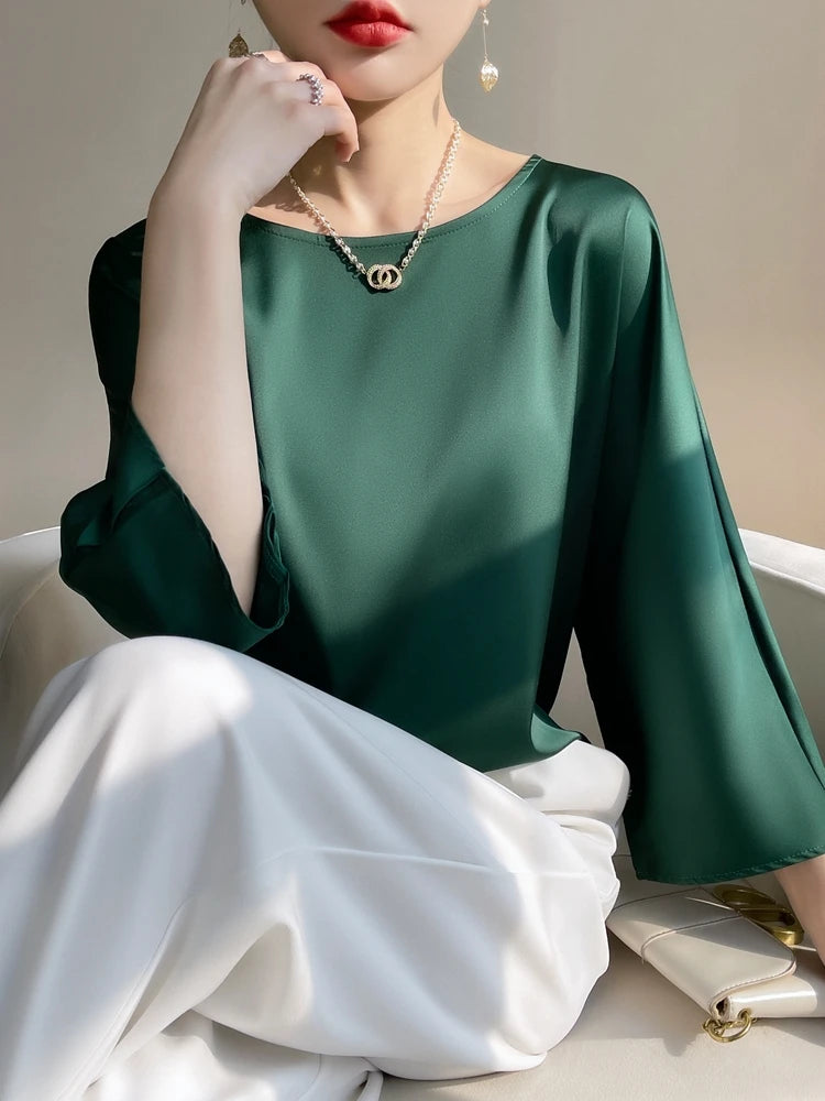 Satin Éclat™ Elegant O-Neck Blouse 3/4 Sleeve
