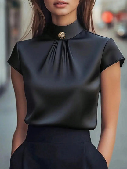 Satin Éclat™ High Neck Short Sleeve Blouse