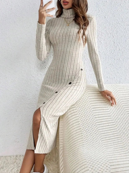 Amoura Dresses™ French High Collar Split Ribbed Dress
