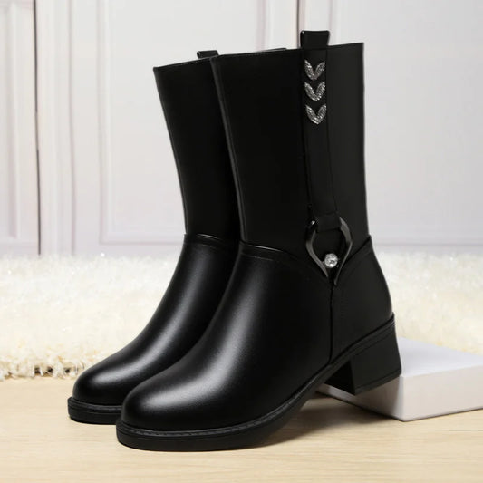 Solenne Shoes™ Mid-Calf Warm Leather Thick-Heel Boots