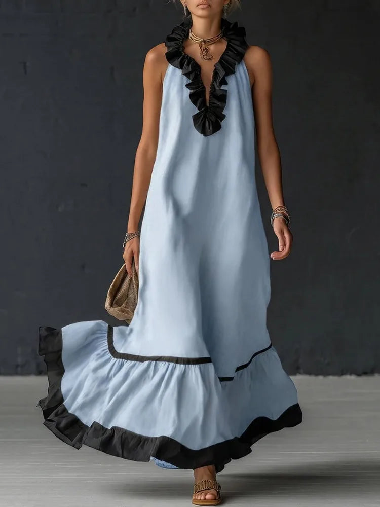 Amoura Dresses™ Pleated Ruffle V-Neck Maxi Dress