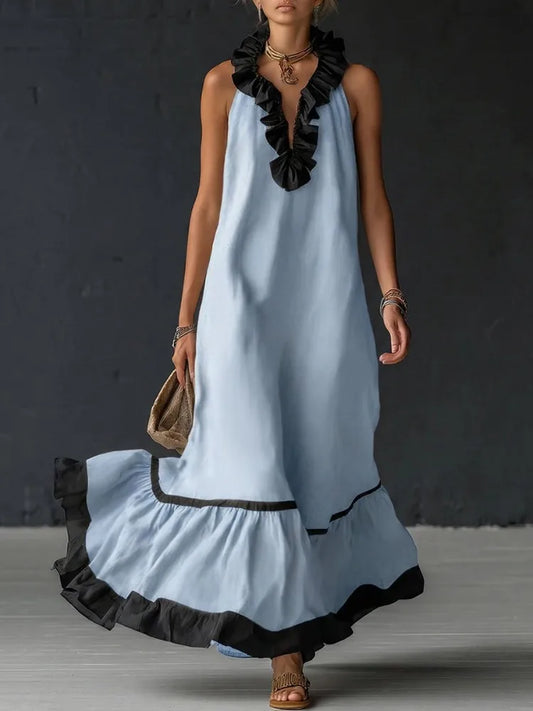 Amoura Dresses™ Pleated Ruffle V-Neck Maxi Dress