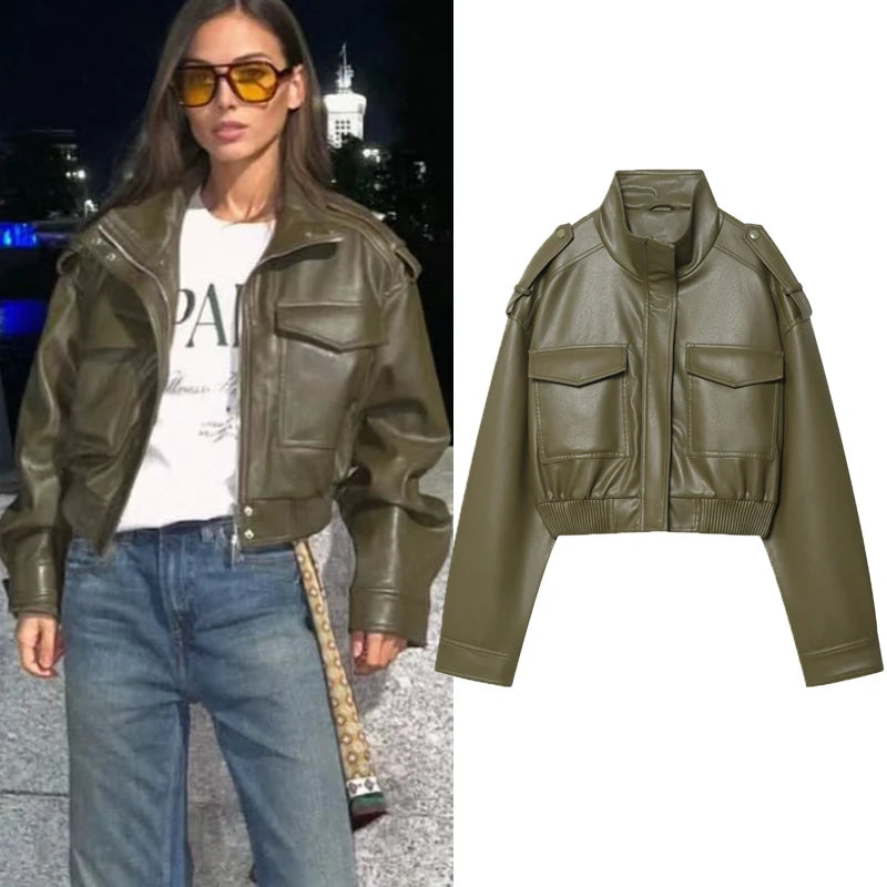 Lunara Winter™ Olive Green Cropped Leather Jacket