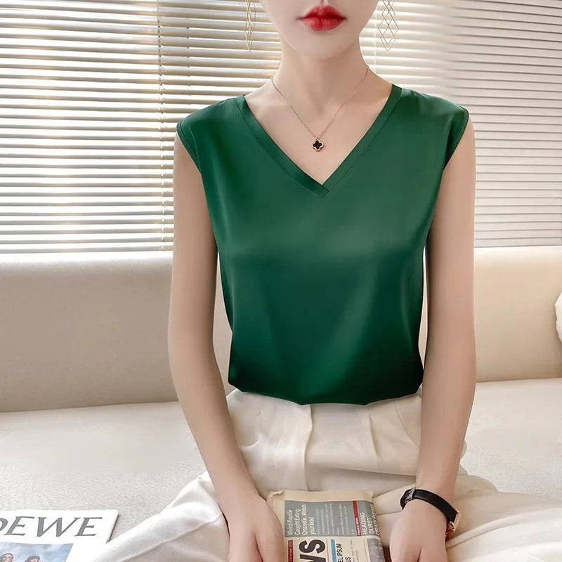 Satin Éclat™ Silk Halter V-Neck Blouse