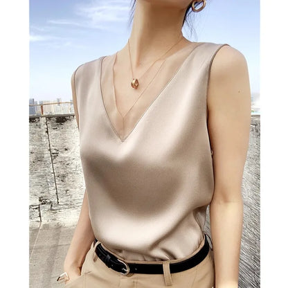 Satin Éclat™ Silk Halter V-Neck Blouse