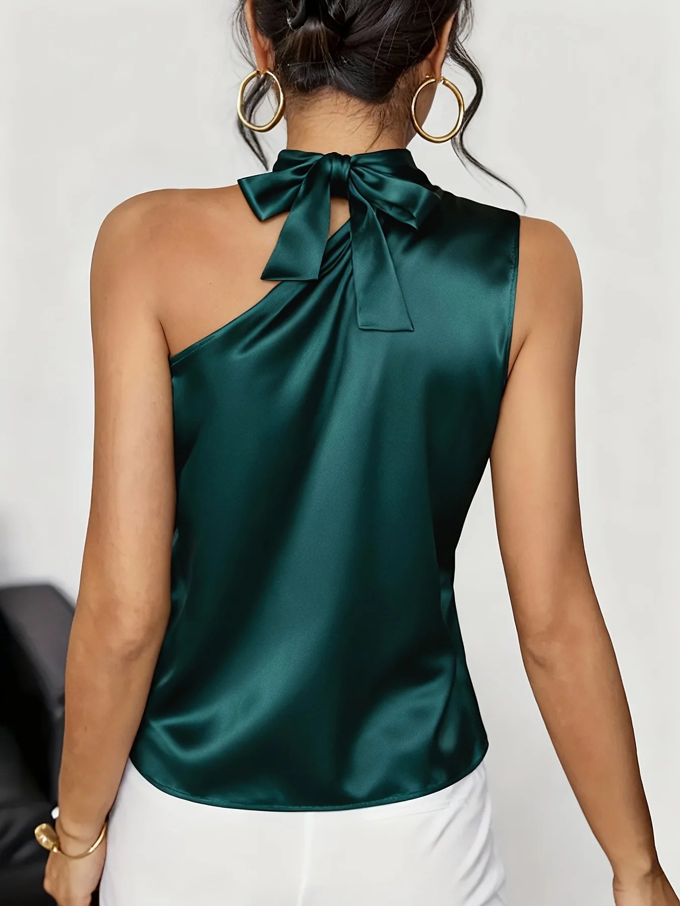 Satin Éclat™ One Shoulder Turtleneck Bow Lace Blouse