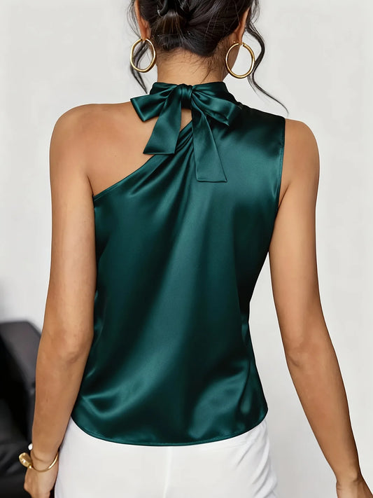 Satin Éclat™ One Shoulder Turtleneck Bow Lace Blouse