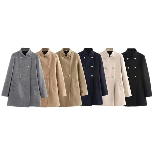 Lunara Winter™ Double-Breasted Stand Collar Wool Coat