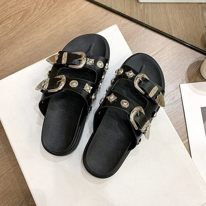 Solenne Shoes™ Pantoufles en cuir à double boucle en métal