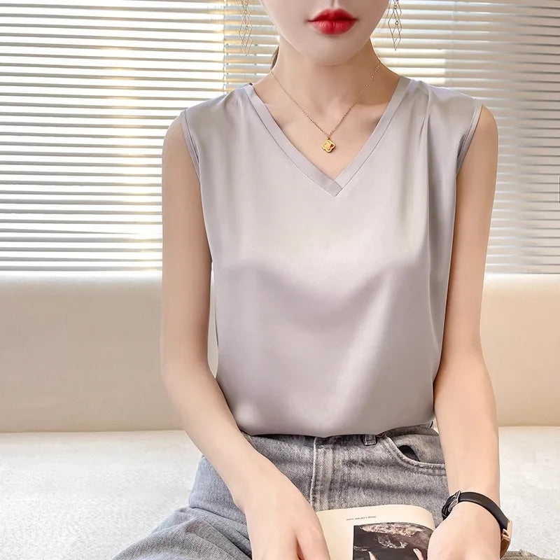 Satin Éclat™ Silk Halter V-Neck Blouse