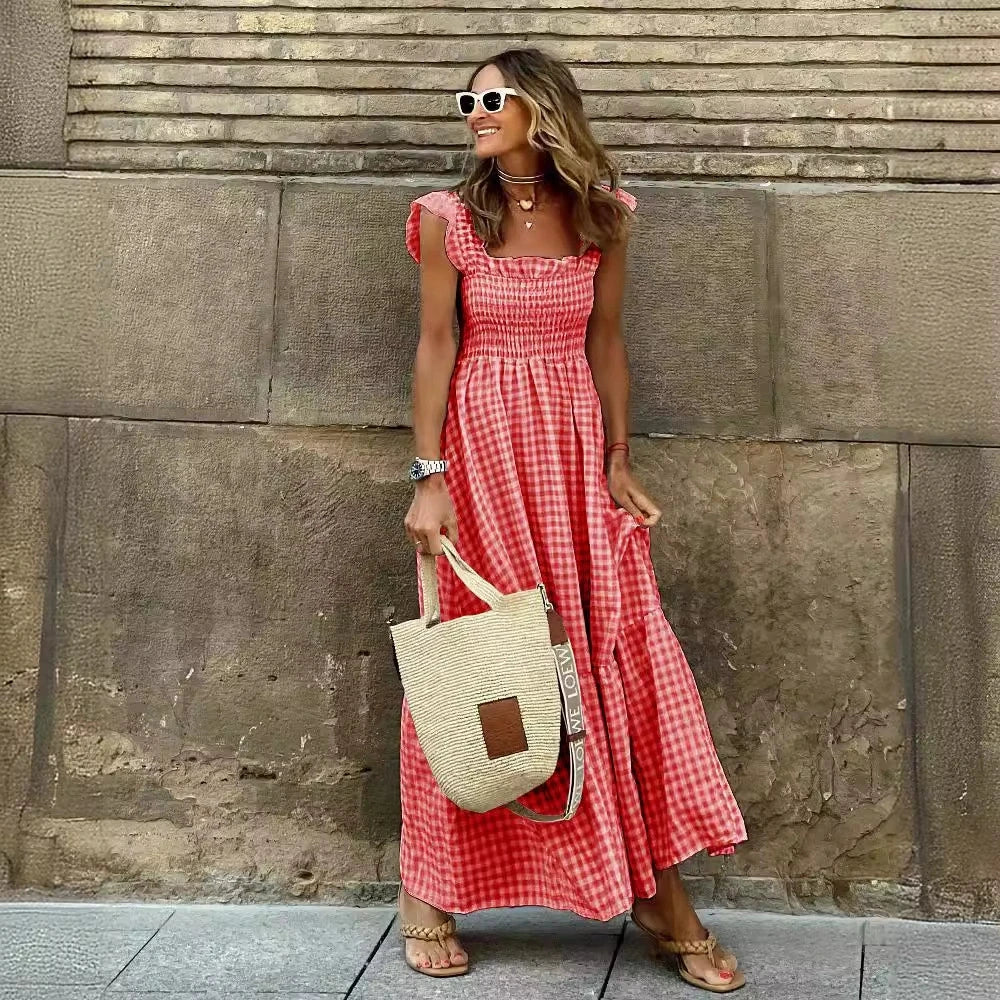 Vestido fruncido sin mangas a cuadros retro de Amoura Dresses™