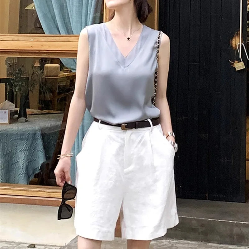 Satin Éclat™ Silk Halter V-Neck Blouse