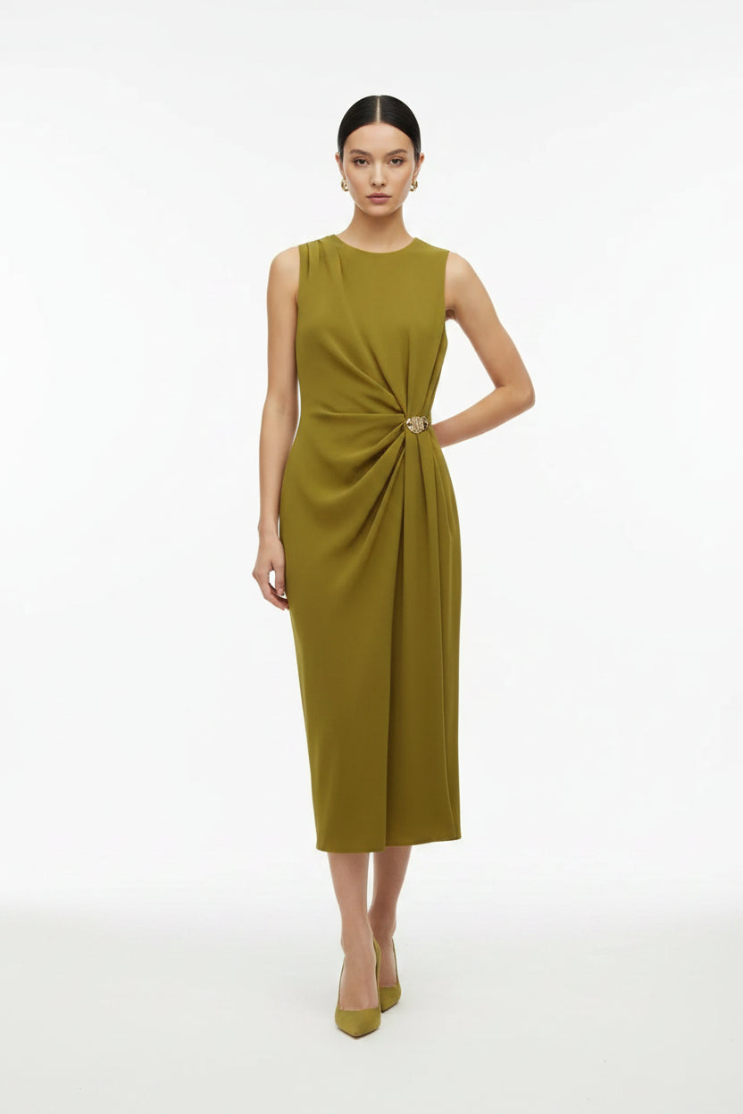 Amoura Dresses™ Draped Midi Dress O-Neck