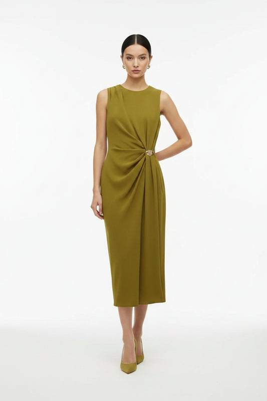 Amoura Dresses™ Draped Midi Dress O-Neck