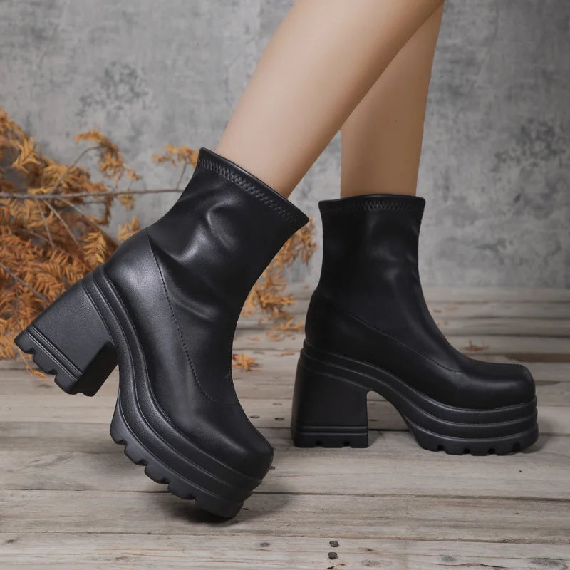 Solenne Shoes™ Leather Platform Heel Boots