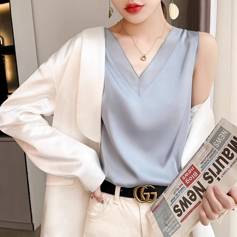 Satin Éclat™ Silk Halter V-Neck Blouse