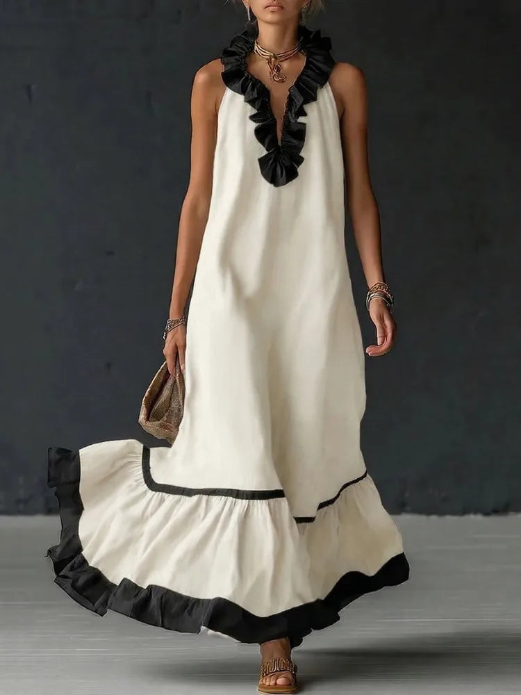 Amoura Dresses™ Pleated Ruffle V-Neck Maxi Dress