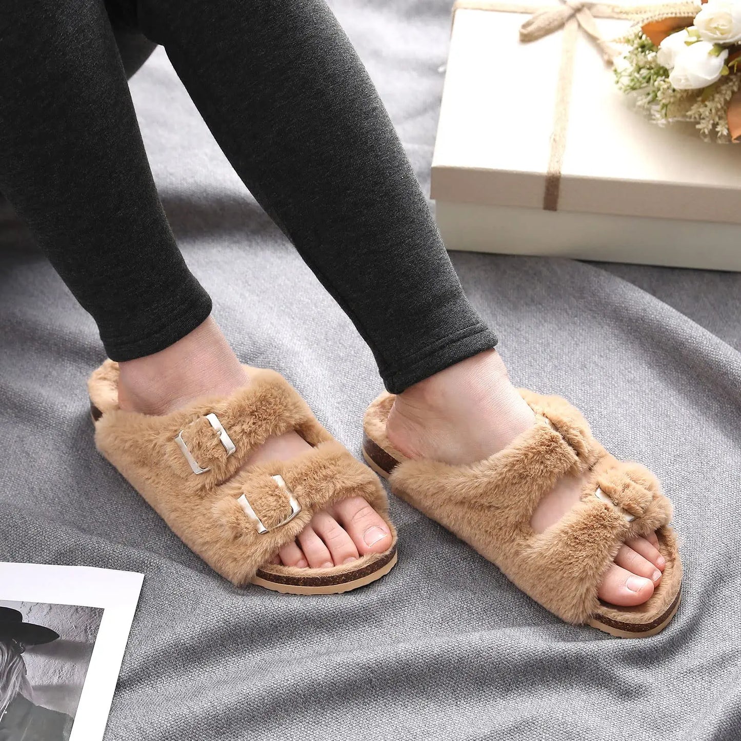 Solenne Shoes™ Fluffy Double Buckle Slide Sandals