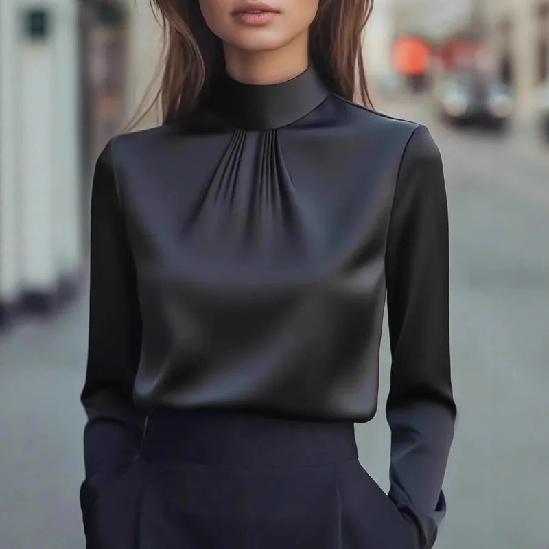 Satin Éclat™ High Neck Pleated Long Sleeve Blouse
