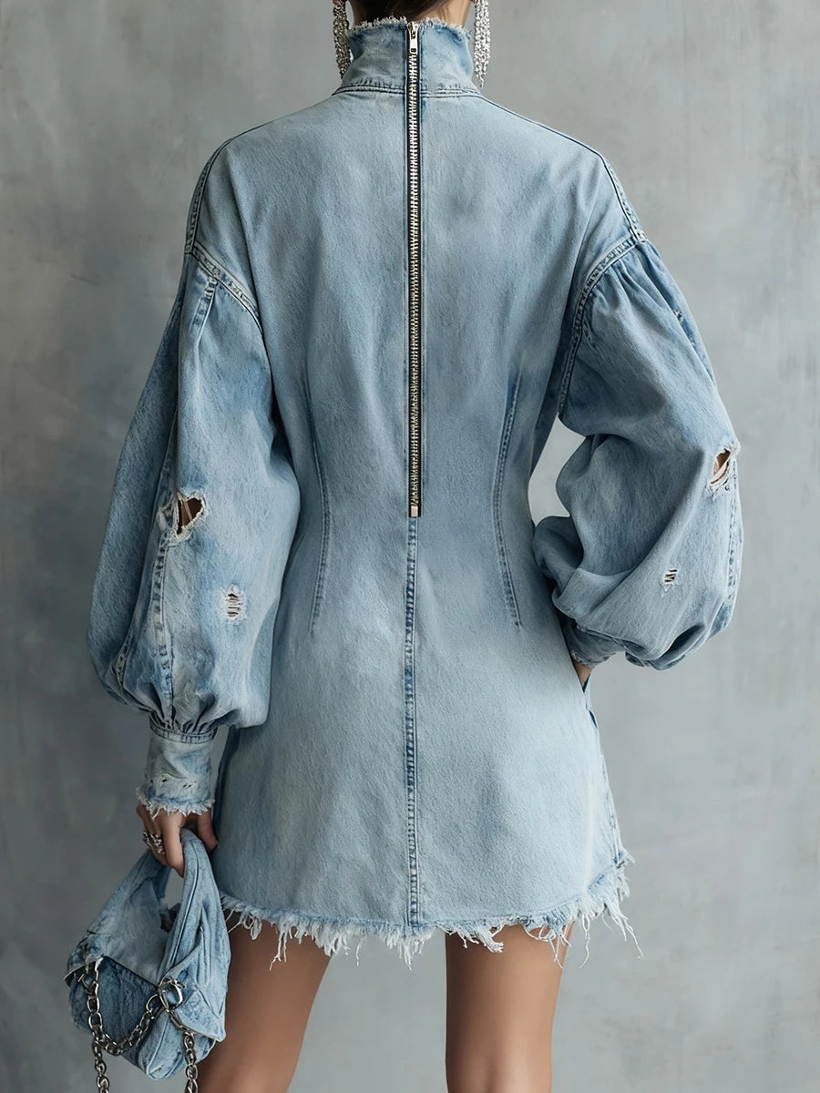 Amoura Dresses™ Retro Denim High Neck Mini Dress