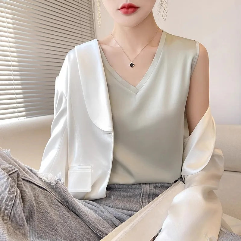 Satin Éclat™ Silk Halter V-Neck Blouse
