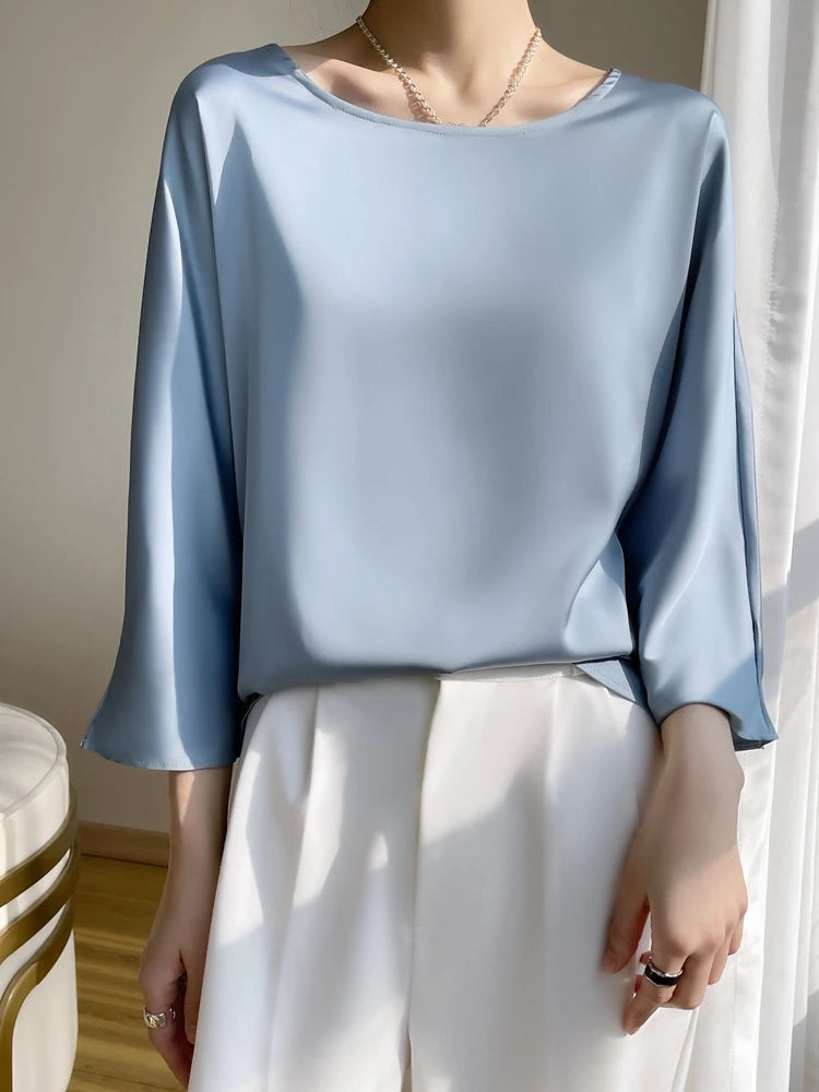 Satin Éclat™ Elegant O-Neck Blouse 3/4 Sleeve