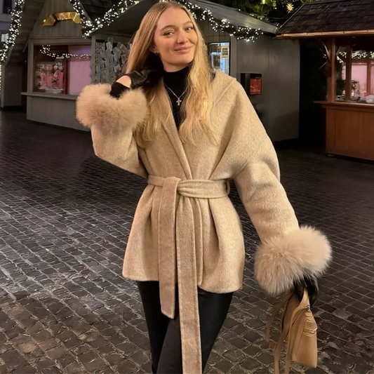Lunara Winter™ Fur Trim Belted Wrap Coat