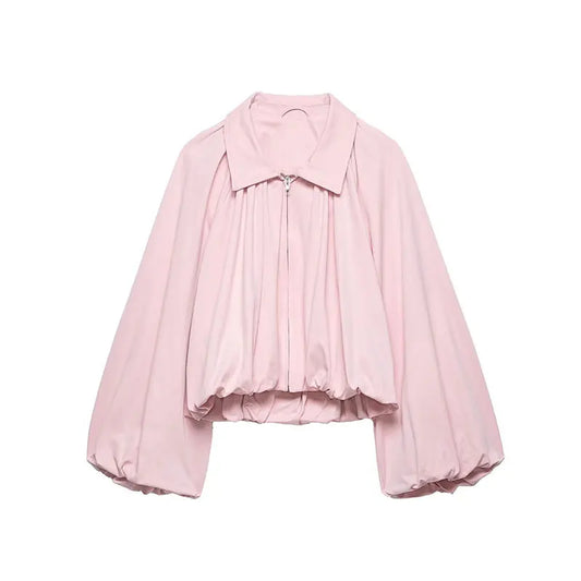 Lunara Winter™ Blush Pink Pleated Puff Sleeve Zip Jacket