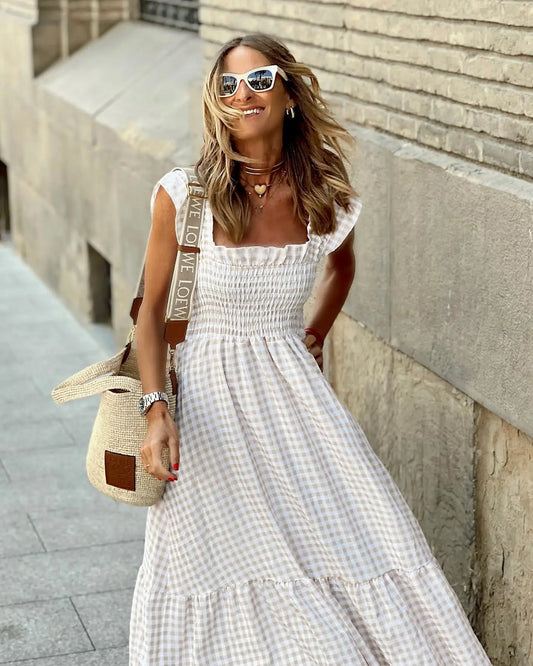 Amoura Dresses™ Retro Plaid Sleeveless Ruched Dress