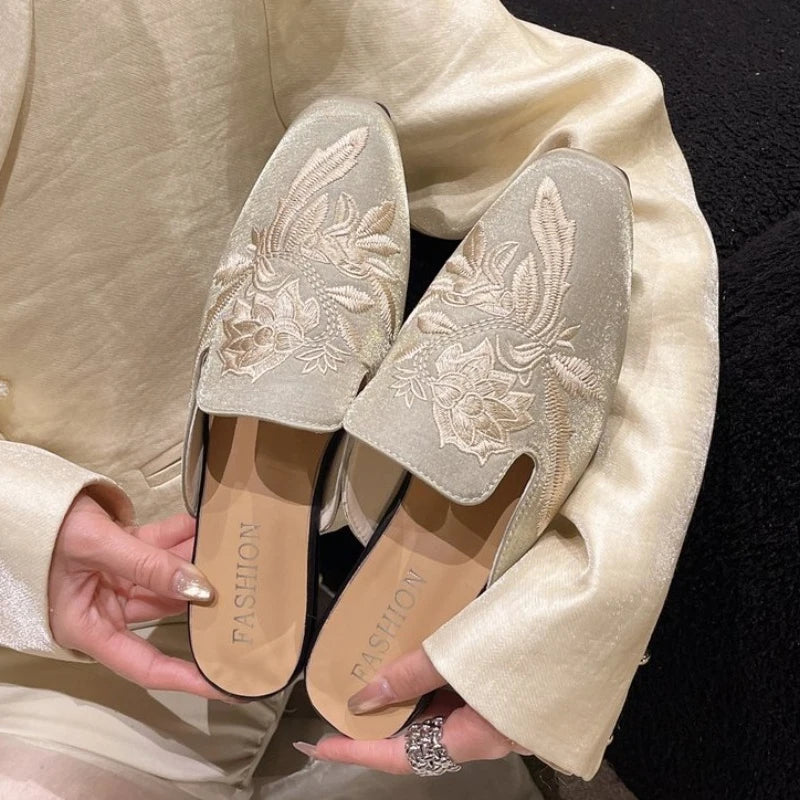 Solenne Shoes™ Embroidered Flower Flat Mules