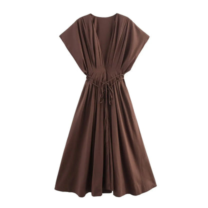 Amoura Dresses™ Single-Breasted Midi Dress Women V-Neck