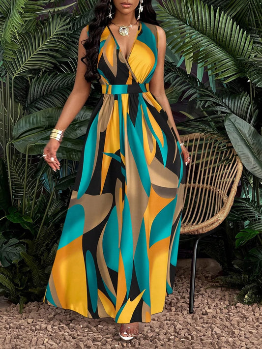 Amoura Dresses™ Tropical Print V-Neck Dress