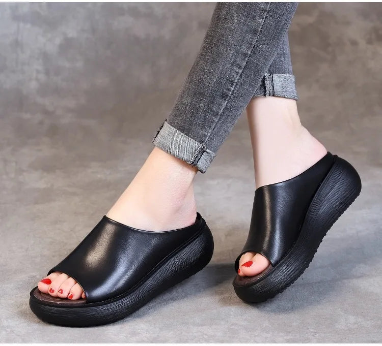 Solenne Shoes™ Ladies Leather Platform Slippers